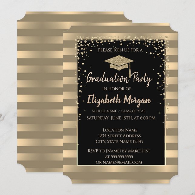 Elegant Modern Gold Glitter Graduation Cap,Stripes Invitation (Front/Back)