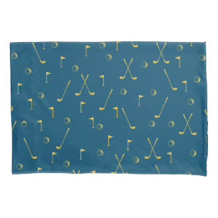 Elegant Modern Gold Golf Pattern Golfer Blue Pillowcase