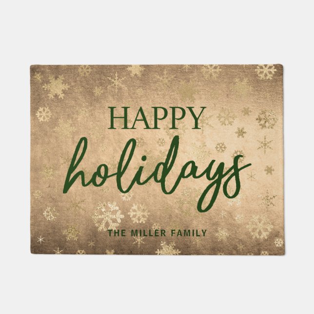 Elegant Modern Gold & Green Happy Holidays Doormat (Front)