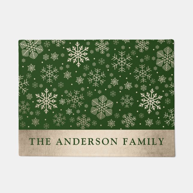 Elegant Modern Gold & Green Snowflakes Christmas Doormat (Front)