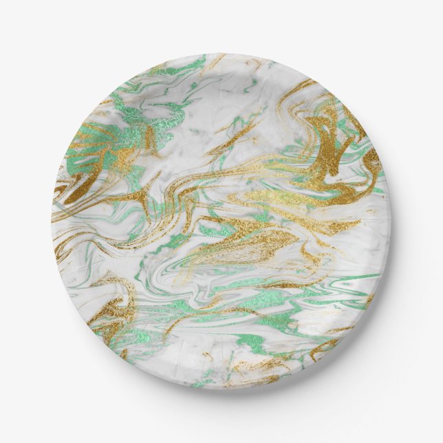 Elegant modern gold green white marble look paper plate (Front)