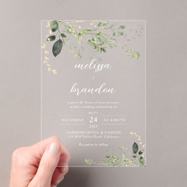 Elegant Modern Gold Greenery Eucalyptus Wedding Acrylic Invitations (Insitu (Handheld))