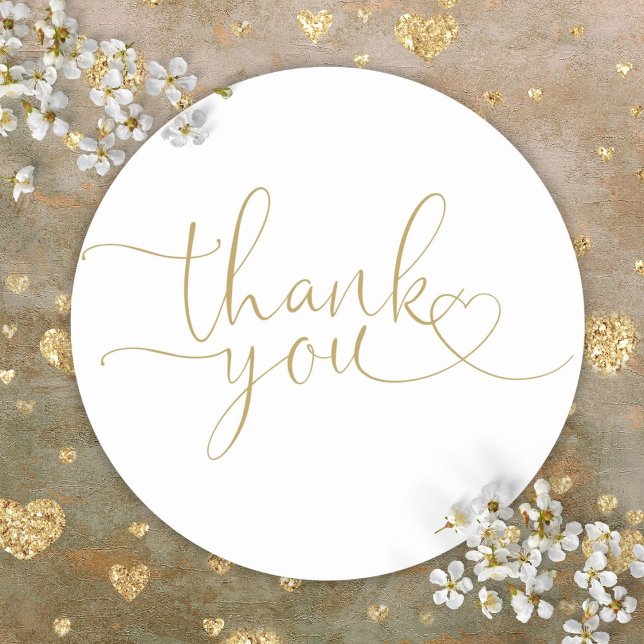 Elegant Modern Gold Heart Script Thank You Classic Round Sticker (Elegant Modern Gold Heart Script Thank You Classic Round Sticker)