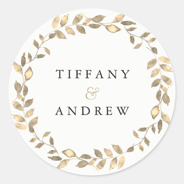 Elegant Modern Gold Leaf Wreath Engagement Party Classic Round Sticker (Front)