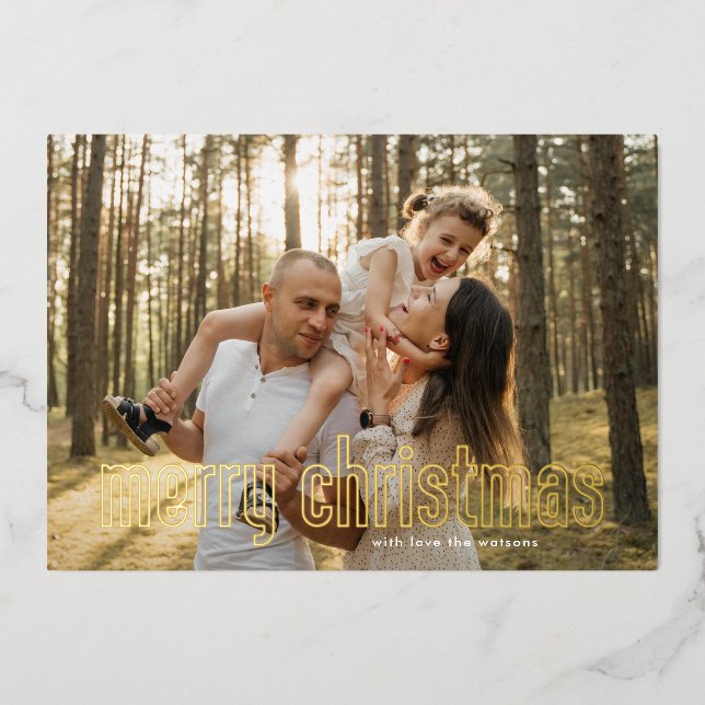 Elegant Modern Gold Merry Christmas Photo Foil Holiday Card (Front)