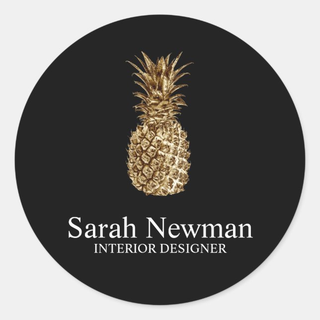Elegant modern gold pineapple black classic round sticker (Front)