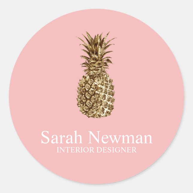 Elegant modern gold pineapple pink classic round sticker (Front)