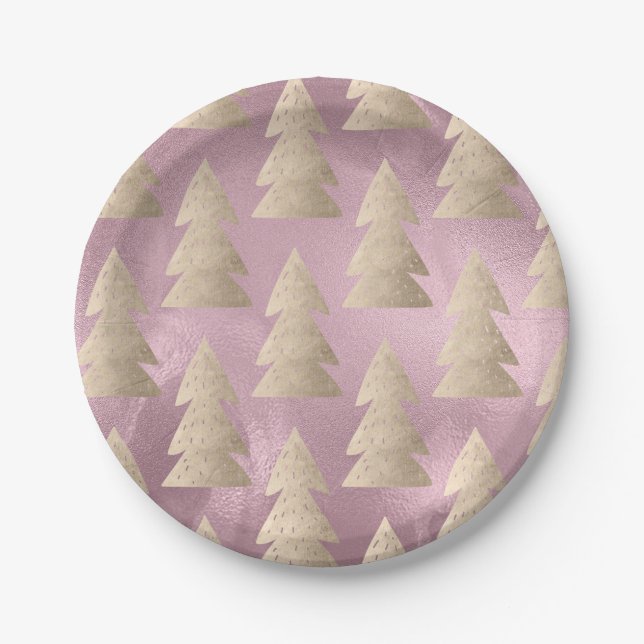 Elegant modern gold & pink Christmas tree pattern Paper Plate (Front)