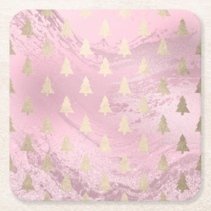 Elegant modern gold & pink Christmas tree pattern Square Paper Coaster