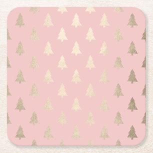 Elegant modern gold & pink Christmas tree pattern Square Paper Coaster