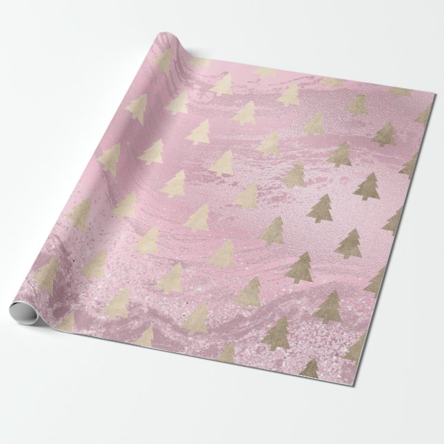 Elegant modern gold & pink Christmas tree pattern Wrapping Paper (Unrolled)