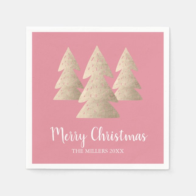 Elegant modern gold & pink Merry Christmas tree Napkin (Front)