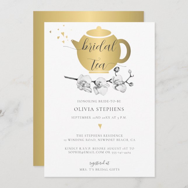 Elegant Modern Gold Pot Hearts Orchid Bridal Tea Invitation (Front/Back)