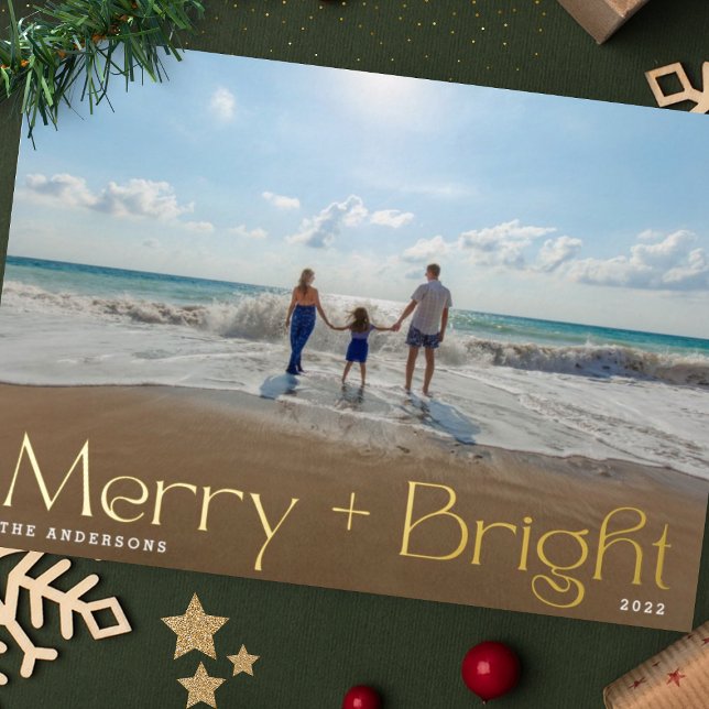 Elegant Modern Gold Pressed Photo Merry and Bright Foil Holiday Card (Creator Uploaded)