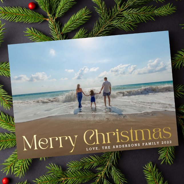 Elegant Modern Gold Pressed Photo Merry Christmas Foil Holiday Card (Creator Uploaded)