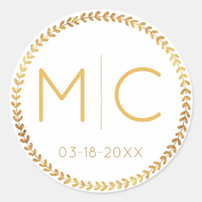 Elegant Modern Gold Rustic Wreath Monogram Wedding Classic Round Sticker (Front)