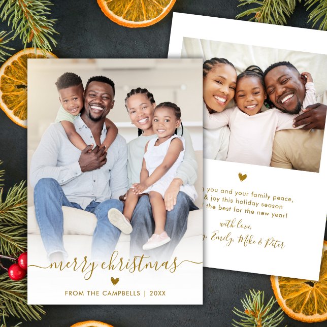 Elegant Modern Gold Script 2 Photo Merry Christmas Holiday Card (Creator Uploaded)