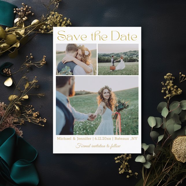 elegant modern gold script 3 photo collage wedding save the date (Creator Uploaded)
