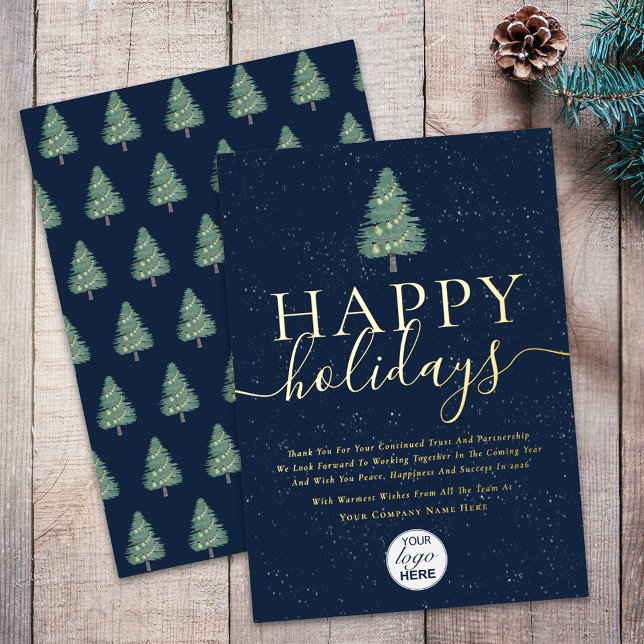 Elegant Modern Gold Script Business Corporate Blue Foil Holiday Card (Modern elegant happy holidays corporate logo blue & gold foil business holiday card)