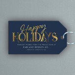 Elegant Modern Gold Script Business Corporate Blue Gift Tags<br><div class="desc">Modern minimalist business holiday gift tags with elegant script calligraphy reading HAPPY HOLIDAYS in printed gold. Below is space for your custom message as well as additional space on the back over your corporate logo. This is the dark blue version.</div>
