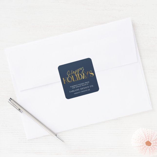 Elegant Modern Gold Script Business Corporate Blue Square Sticker (Envelope)