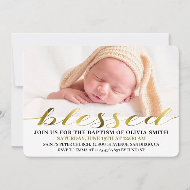 Elegant Modern Gold Script Photo Baptism Invitation (Front)