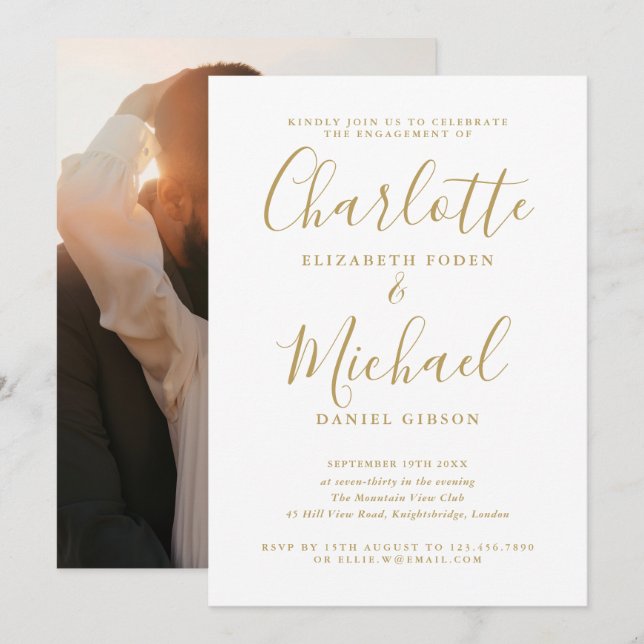 Elegant Modern Gold Script Photo Engagement Party  Invitation (Front/Back)
