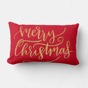 Elegant Modern Gold Sparkle Merry Christmas Red  Lumbar Cushion