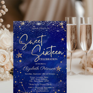 Elegant Modern Gold Stars Blue Sweet 16 Invitation