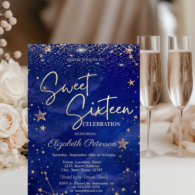 Elegant Modern Gold Stars Blue Sweet 16 Invitation (Creator Uploaded)