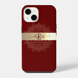 Elegant Modern Gold Stripe Floral Mandala Red iPhone 14 Case