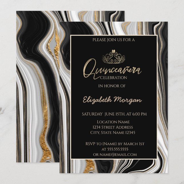 Elegant Modern Gold Tiara,Black Gold Marble Invitation (Front/Back)