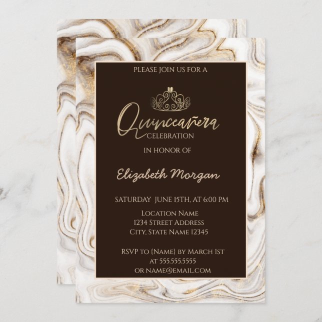 Elegant Modern Gold Tiara,Brown Marble Invitation (Front/Back)