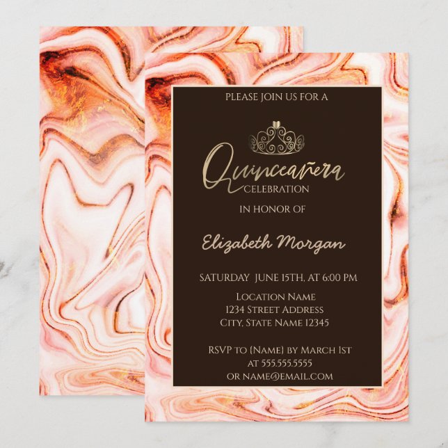 Elegant Modern Gold Tiara Marble  Quinceañera Invitation (Front/Back)
