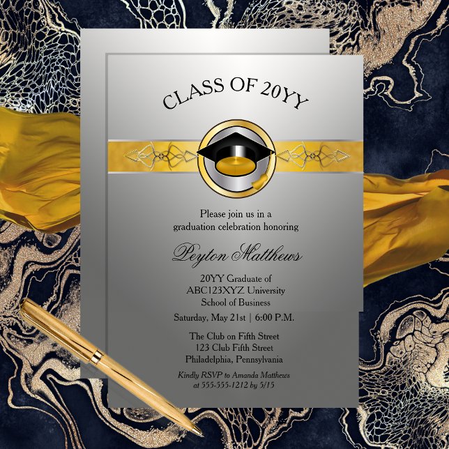Elegant Modern Gold University Graduation Invites (Elegant Modern Gold and Silver Tone University Graduation Invitations -- Print | Digital Download)