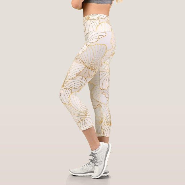 Elegant Modern Gold White Floral Line Collection Capri Leggings (Left)