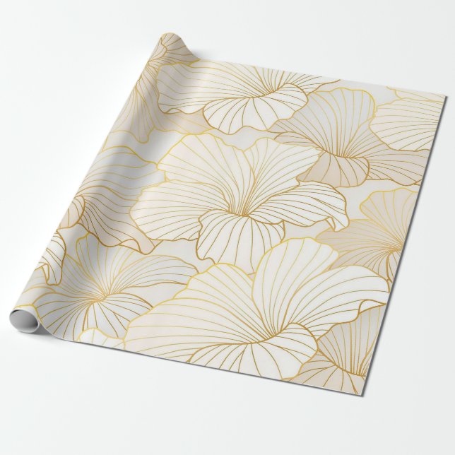 Elegant Modern Gold White Floral Line Collection Wrapping Paper (Unrolled)