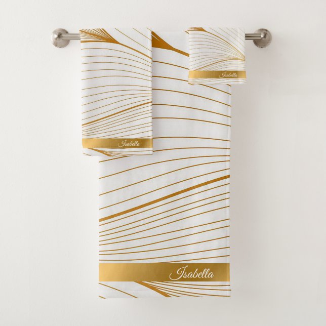 Elegant Modern Gold White Leaves Line Collection Bath Towel Set (Insitu)