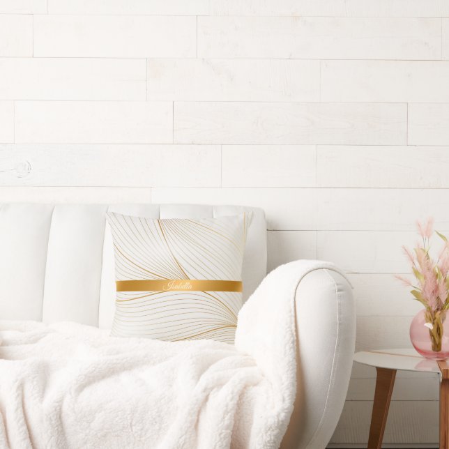 Elegant Modern Gold White Leaves Line Collection Cushion (Couch)