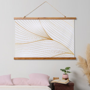 Elegant Modern Gold White Leaves Line Collection Hanging Tapestry