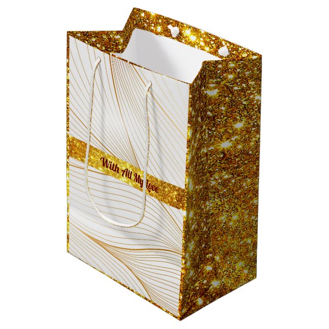 Elegant Modern Gold White Leaves Line Collection Medium Gift Bag (Front Angled)