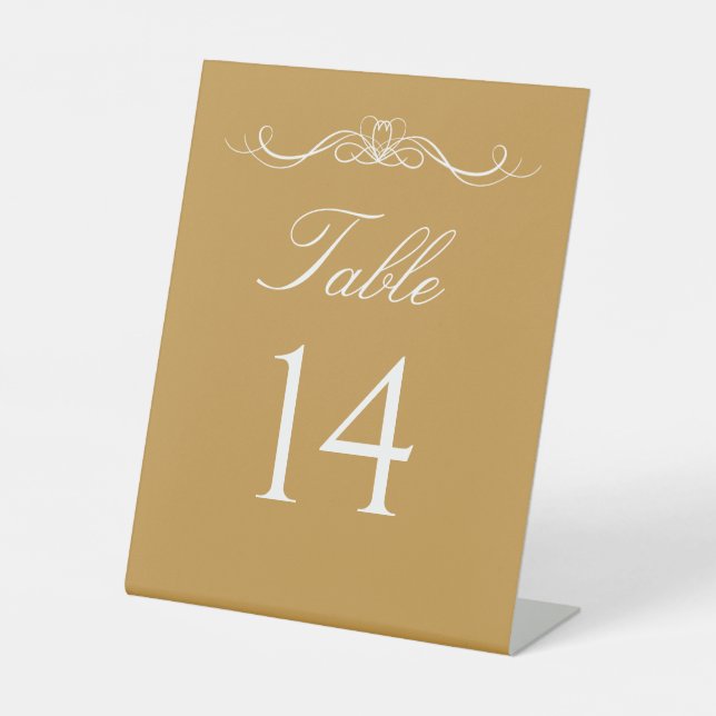 Elegant Modern Gold & White Script Table Number Pedestal Sign (Front)