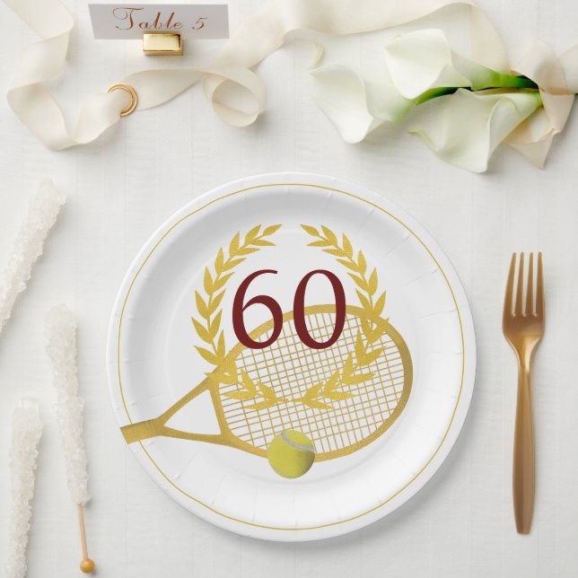 Elegant Modern Gold White Tennis 60th Birthday Paper Plate (Wedding)