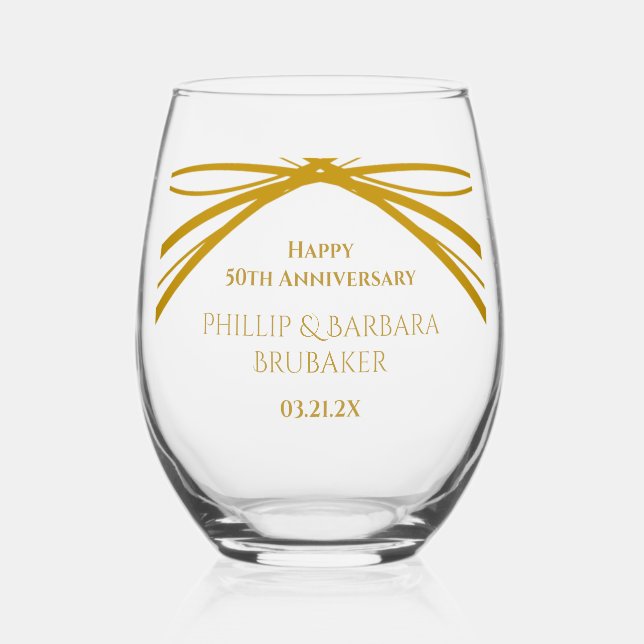 Elegant Modern Golden 50th Anniversary Keepsake Stemless Wine Glass (Front)
