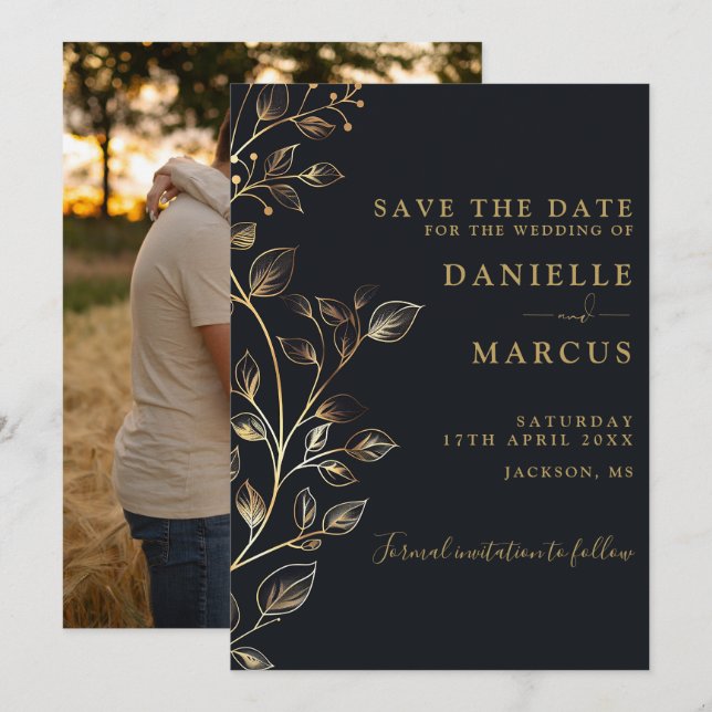 Elegant Modern Golden Floral Photo Wedding Save The Date (Front/Back)