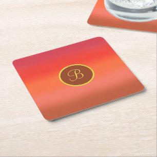 Elegant modern golden monogram autumn ombre custom square paper coaster