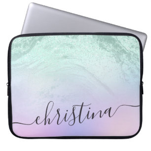 Elegant modern gradient mint green glitter purple laptop sleeve
