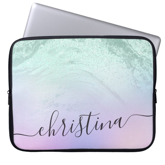 Elegant modern gradient mint green glitter purple laptop sleeve (Front)