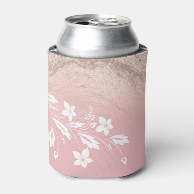 Elegant modern gradient rose gold glitter floral can cooler (Can Front)