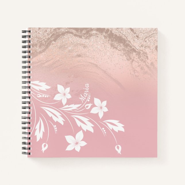 Elegant modern gradient rose gold glitter floral notebook (Front)